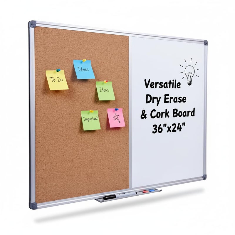 DexBoard Magnetic Combination Whiteboard & Cork Bulletin Board, 36 x 24 Inch-Dual Surface Combo Board for Home Office Organization, Kitchen Meal Planning & School Study-Silver Aluminum Frame - Image 1